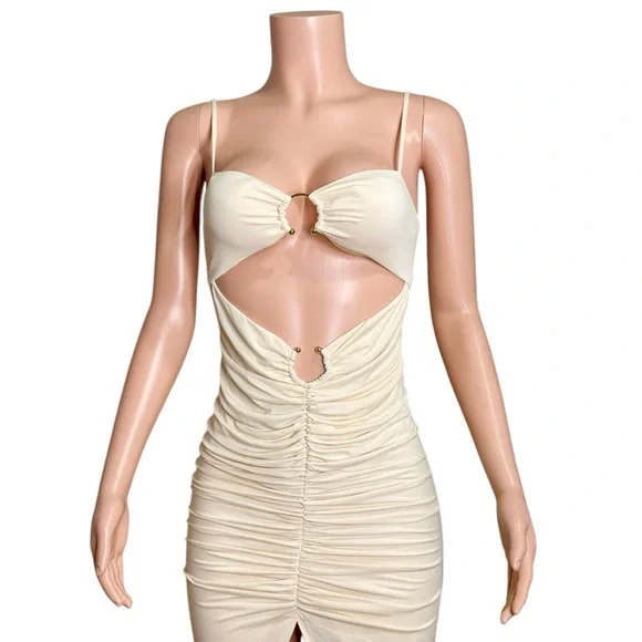 CAMILA COELHO Yasmeen Cut-Out Ring Detail Soft Jersey Midi Dress, Beige, Small - Picture 6 of 12